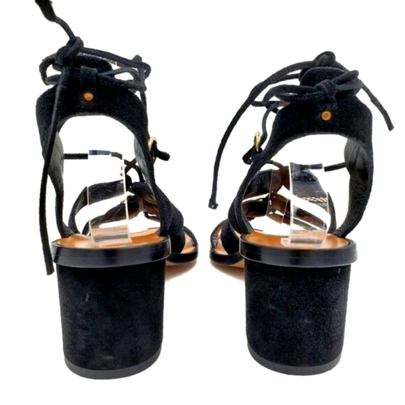 Club Monaco Jonet Black Suede Gold Rings Lace-Up Ankle Wrap Block Heel Sandals - Picture 8 of 12